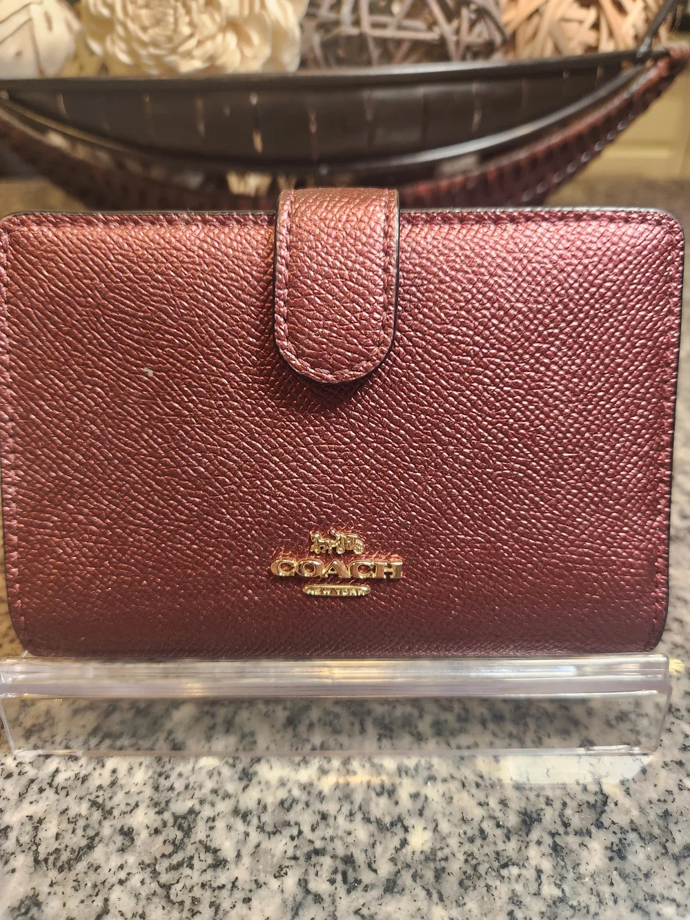 Coach Crossgrain Leather Medium Corner Zip Wallet in Metallic Wine